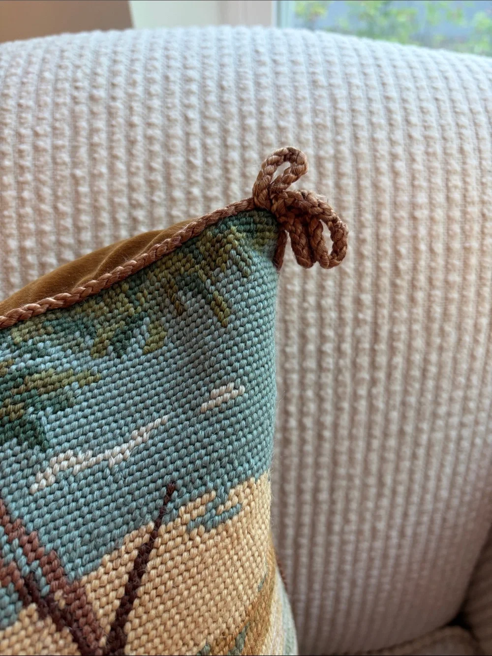 Kathy Diddel 20” square pillow. Needle point and petit  point.